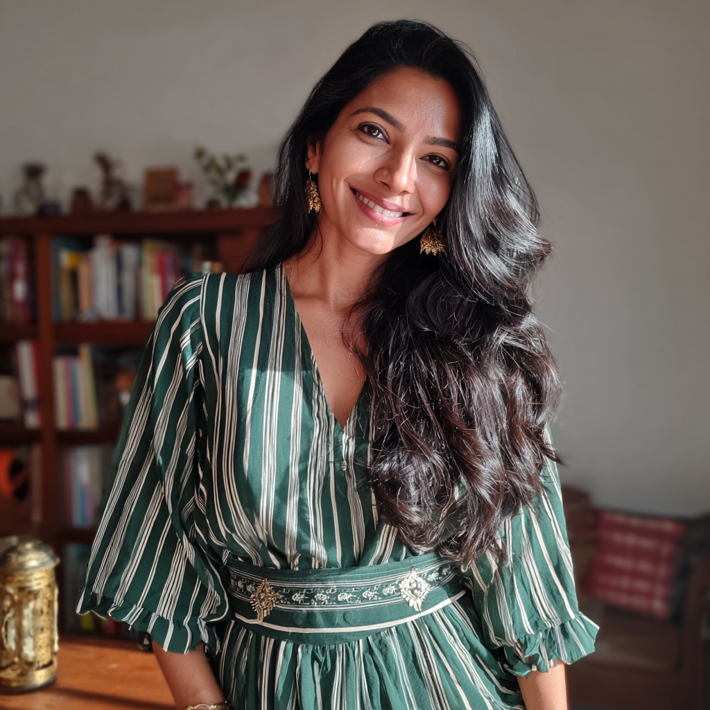 Une femme souriante debout dans un salon | Source : Midjourney