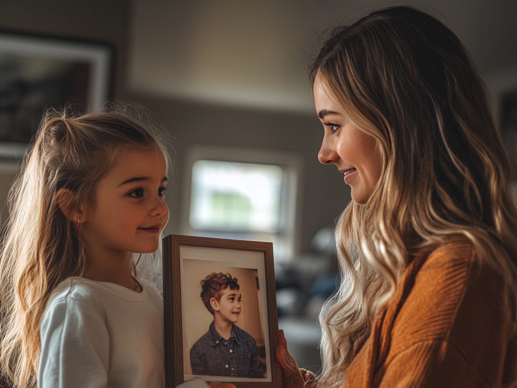 Petite fille montrant à l'assistante de son père une photo encadrée de son frère | Source : Midjourney