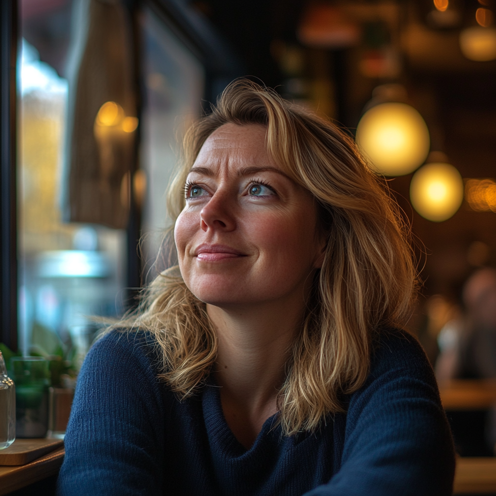 Une femme force le sourire alors qu'elle est assise dans un restaurant | Source : Midjourney