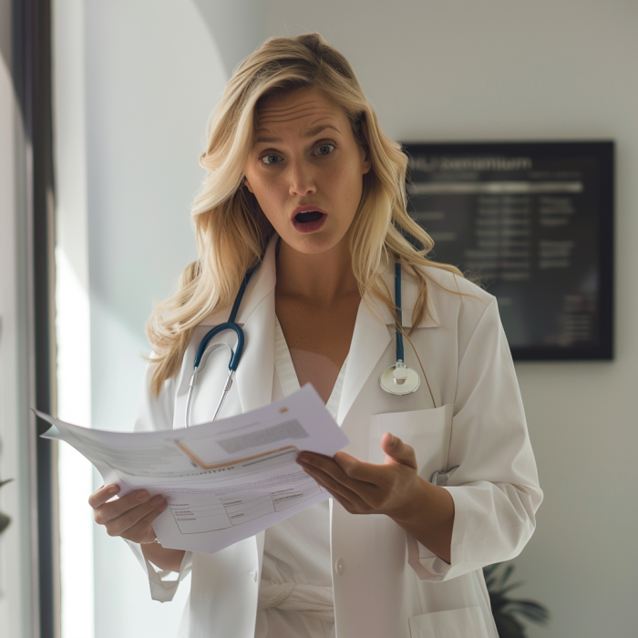 Une femme médecin choquée tenant le dossier d'un patient | Source : Midjourney