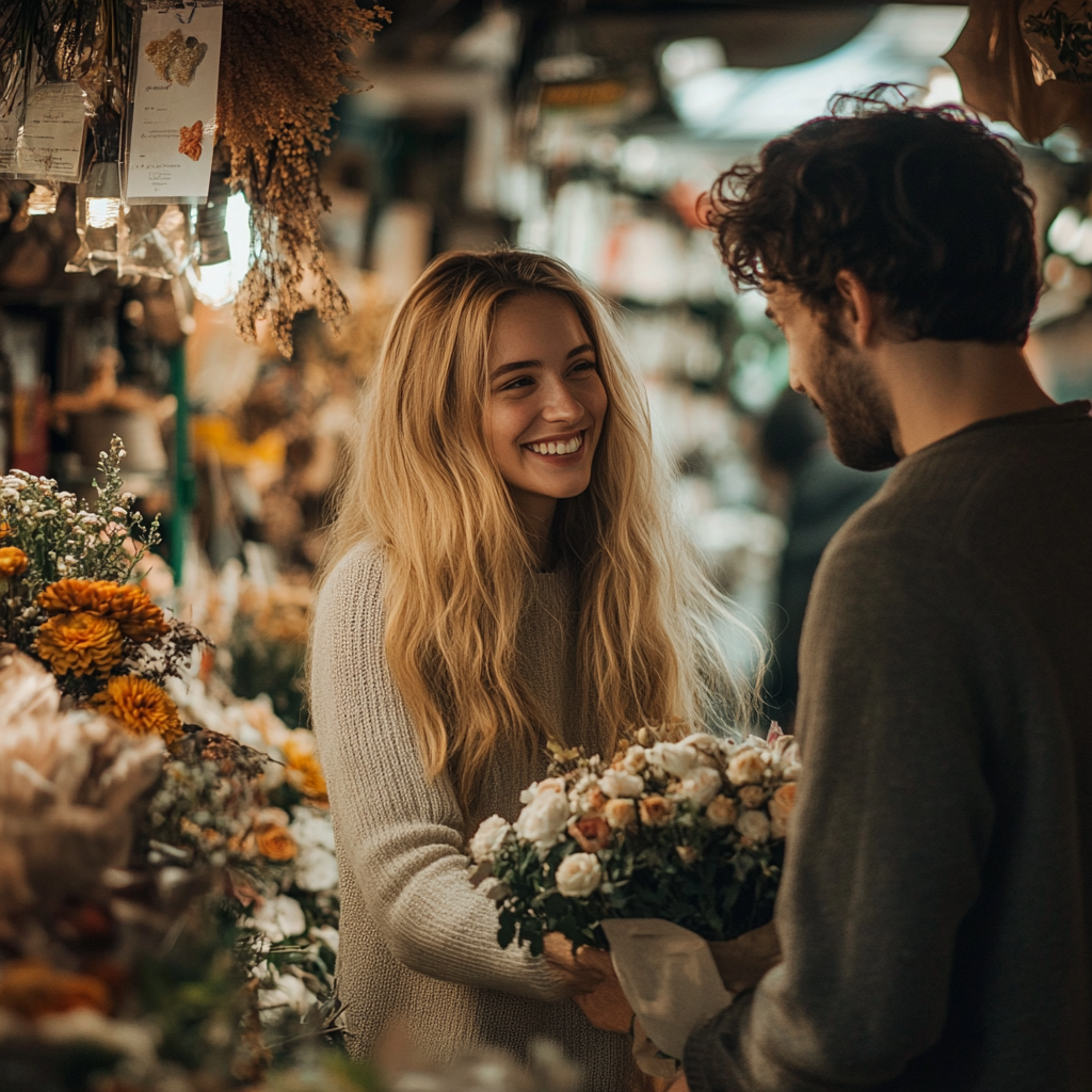 Une femme parle à un homme tout en arrangeant des fleurs | Source : Midjourney