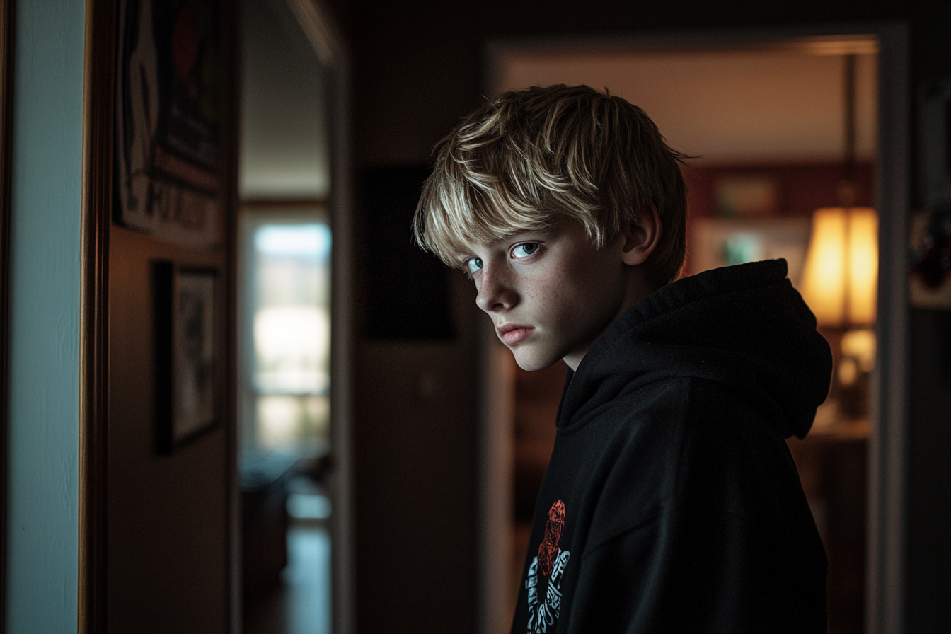 Un adolescent blond en colère dans un couloir | Source : Midjourney