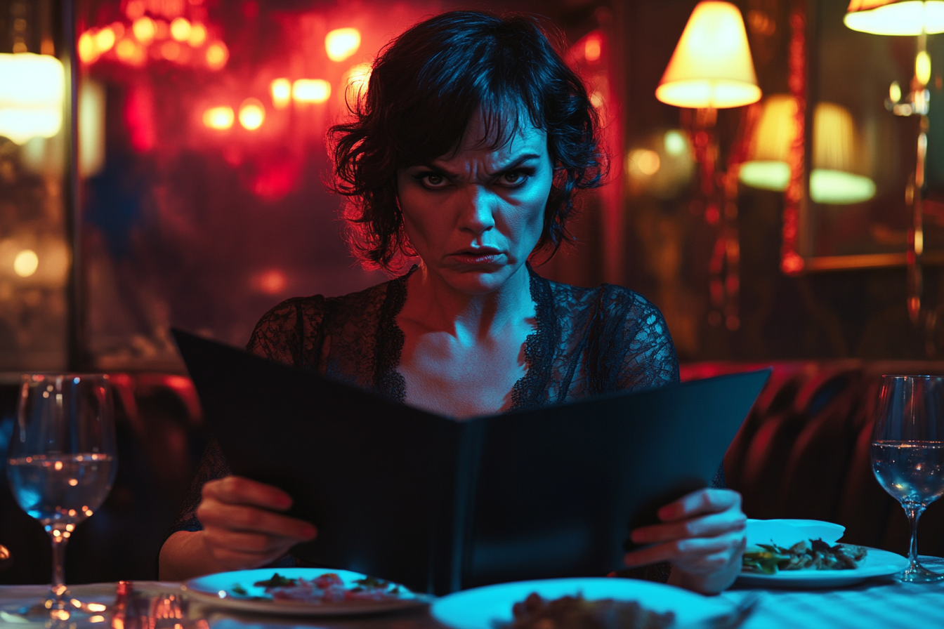 Une femme en colère regardant le menu d'un restaurant | Source : Midjourney