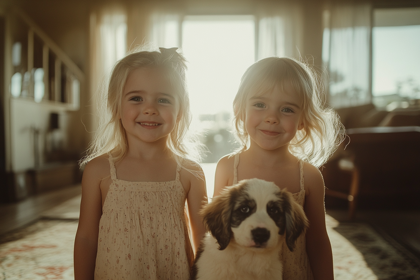 Des filles jumelles, âgées de 5 ans, sourient avec un chiot saint-bernard dans le salon | Source : Midjourney