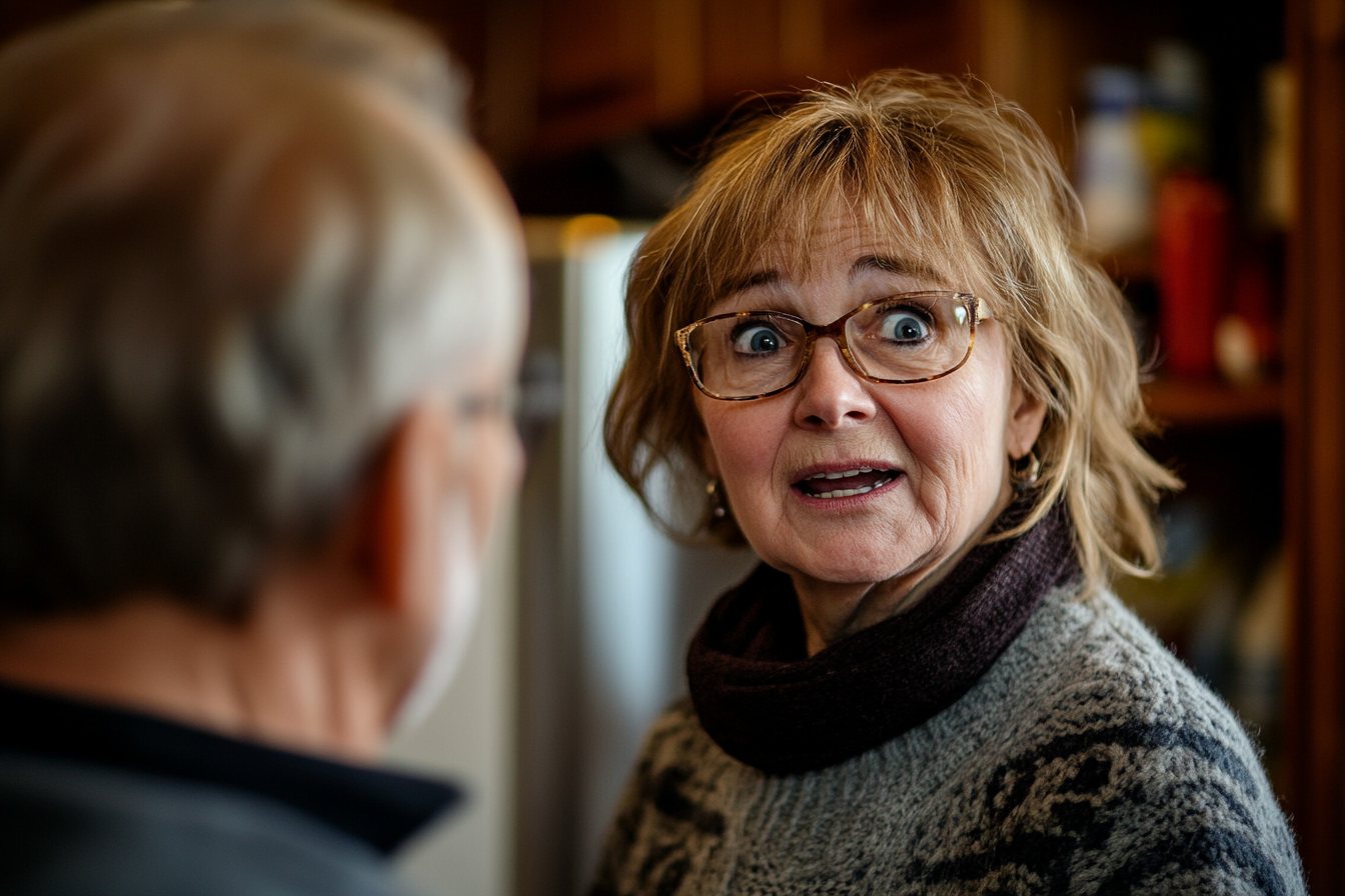 Une femme échangeant un regard choqué avec son mari | Source : Midjourney