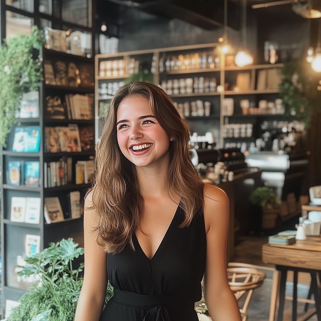 Une femme heureuse dans un café | Source : Midjourney