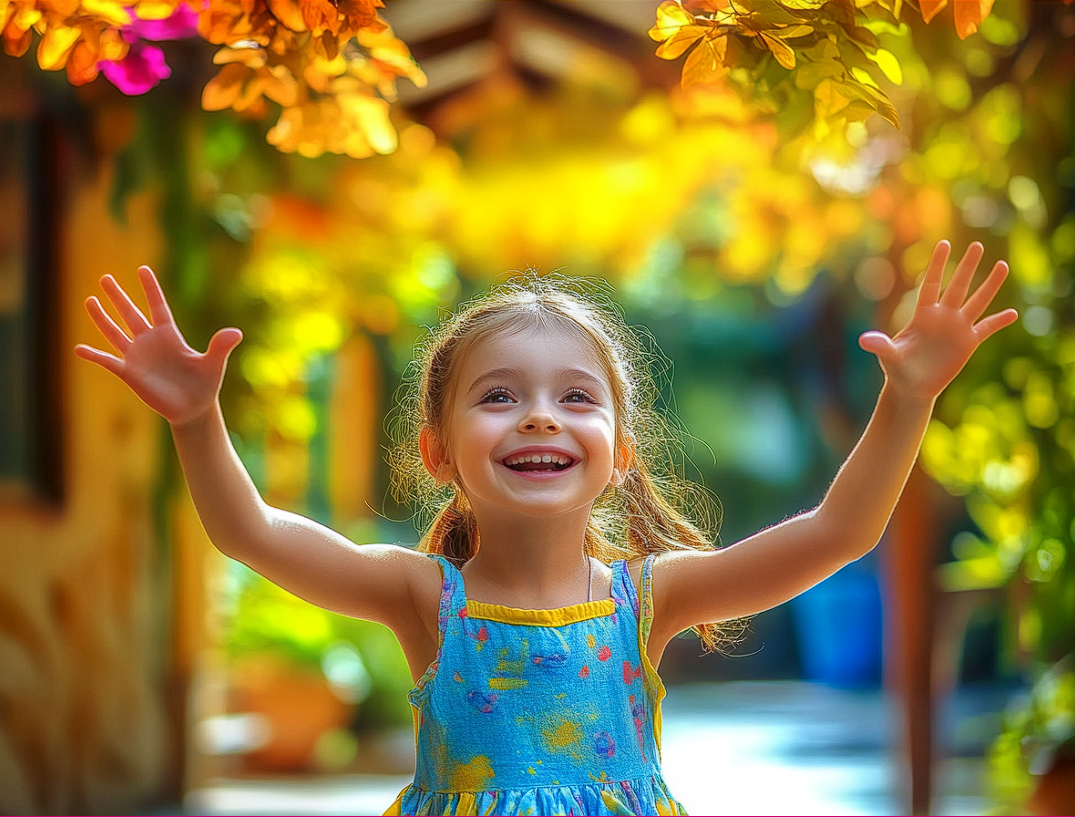 Une fille excitée avec les mains en l'air | Source : Midjourney