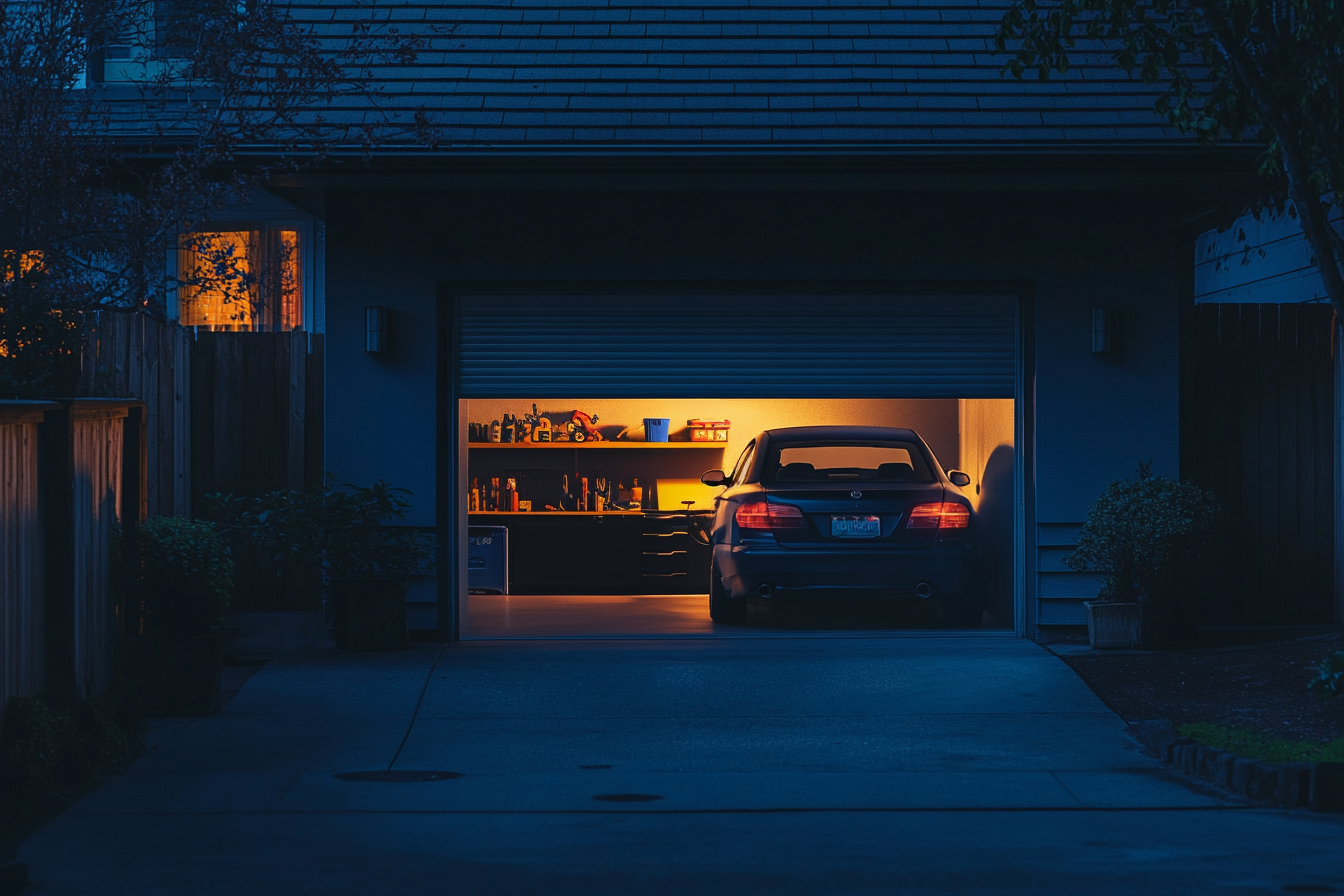 Une porte de garage de maison qui s'ouvre la nuit | Source : Midjourney