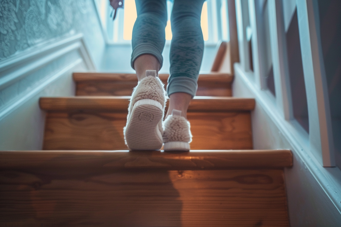 Gros plan sur les pieds d'une femme qui monte les escaliers | Source : Midjourney