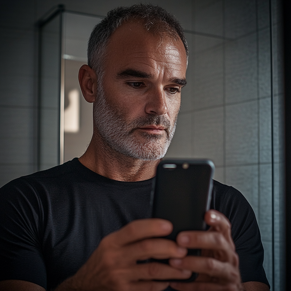 Un homme utilisant son téléphone dans la salle de bain | Source : Midjourney