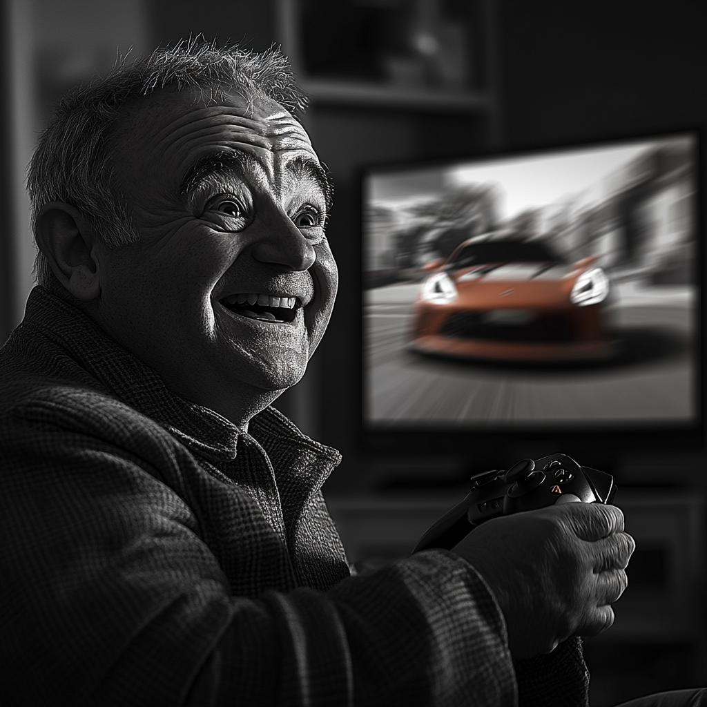 Nostalgic photo of an elderly man excited to play a video game | Source: Midjourney