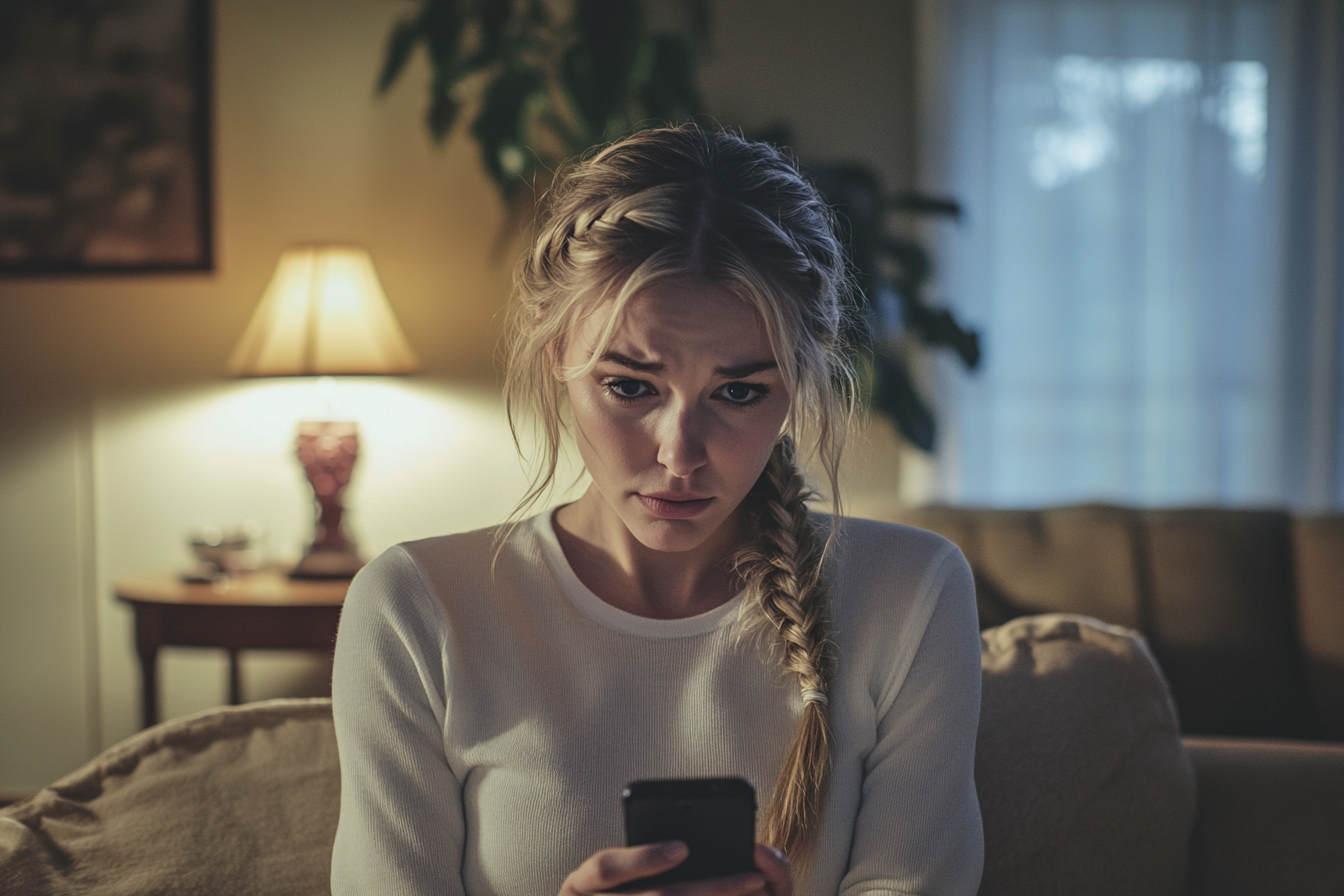 Femme d'une trentaine d'années assise sur un canapé dans un salon la nuit, l'air contrarié et inquiet | Source : Midjourney