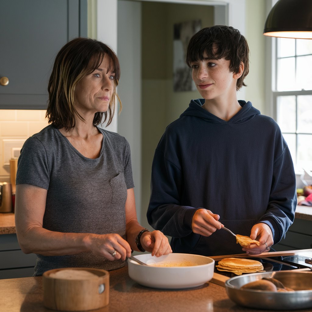 Une femme et un adolescent qui font joyeusement des crêpes ensemble | Source : Midjourney