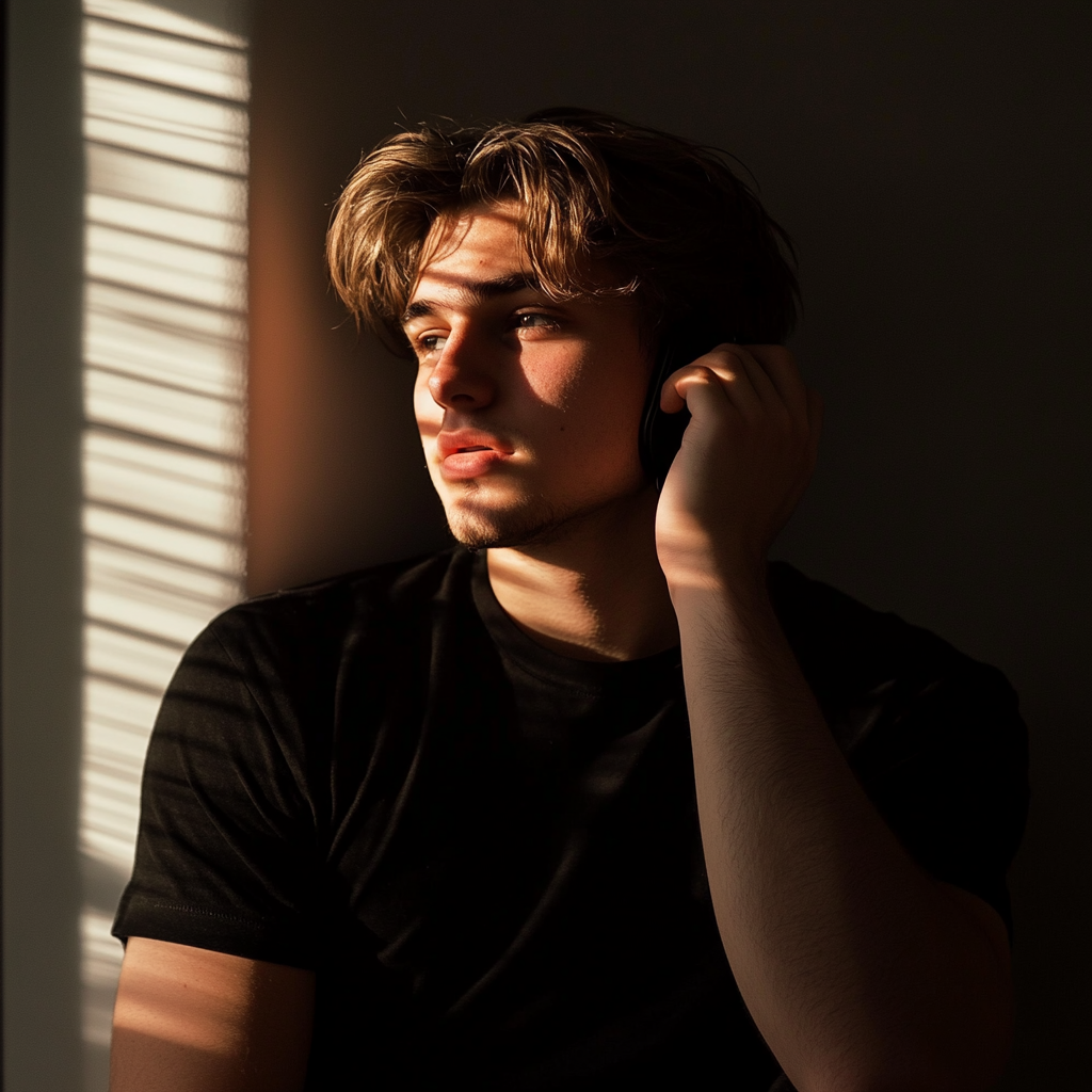 Un jeune homme pensif qui parle au téléphone | Source : Midjourney