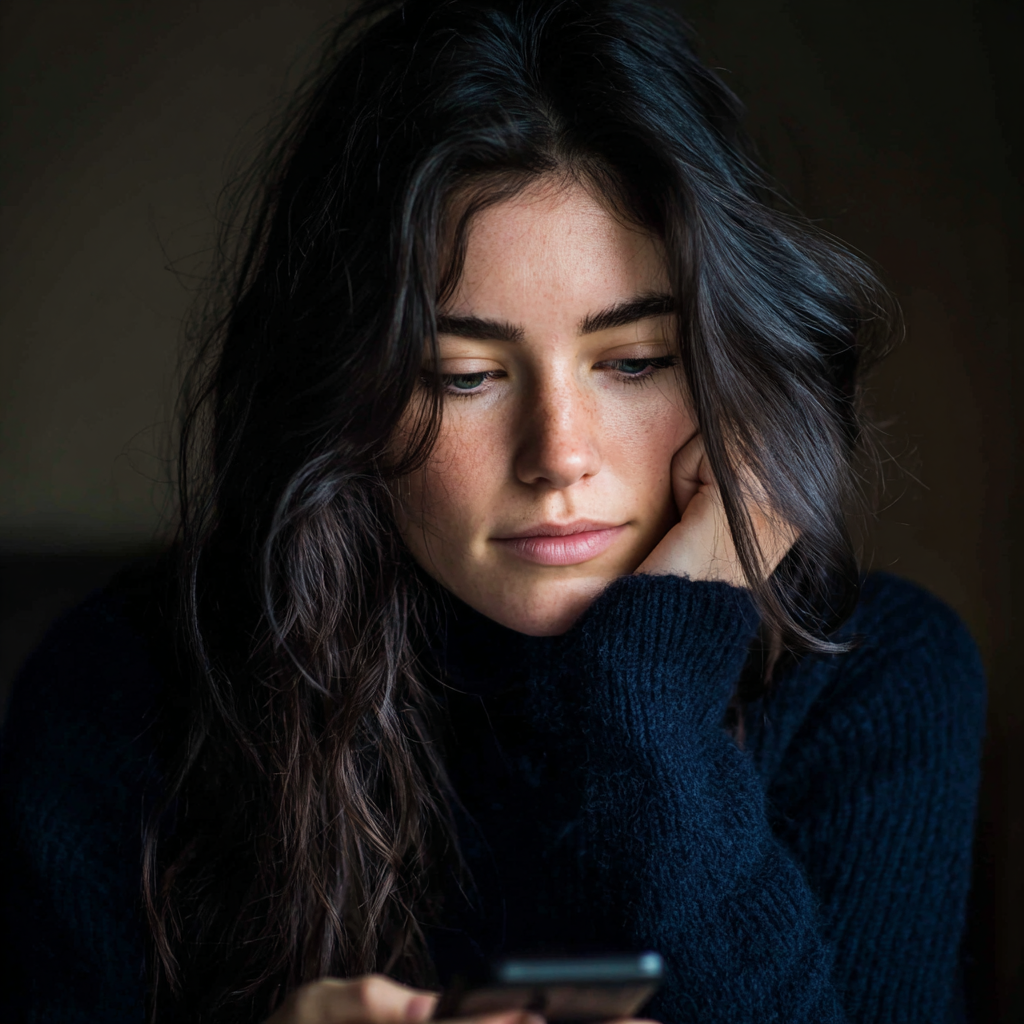 Une femme pensive tenant son téléphone portable | Source : Midjourney