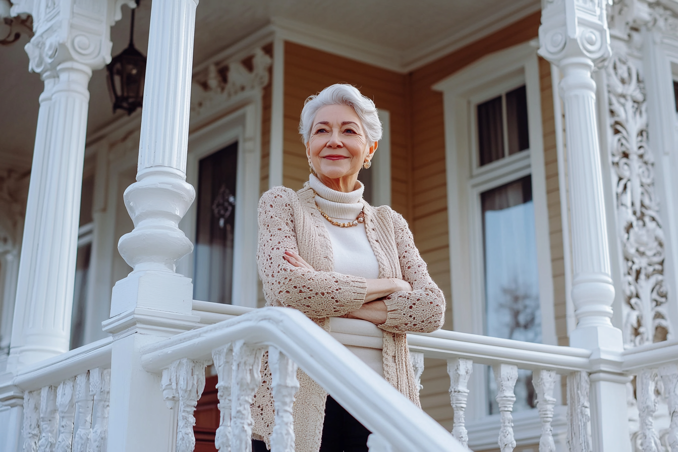 Une femme âgée devant le porche d'une belle maison | Source : Midjourney