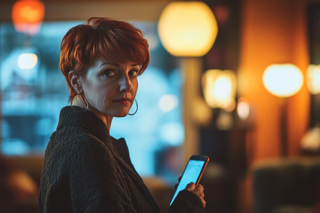 Woman in her thirties holding a phone at home | Source: Midjourney