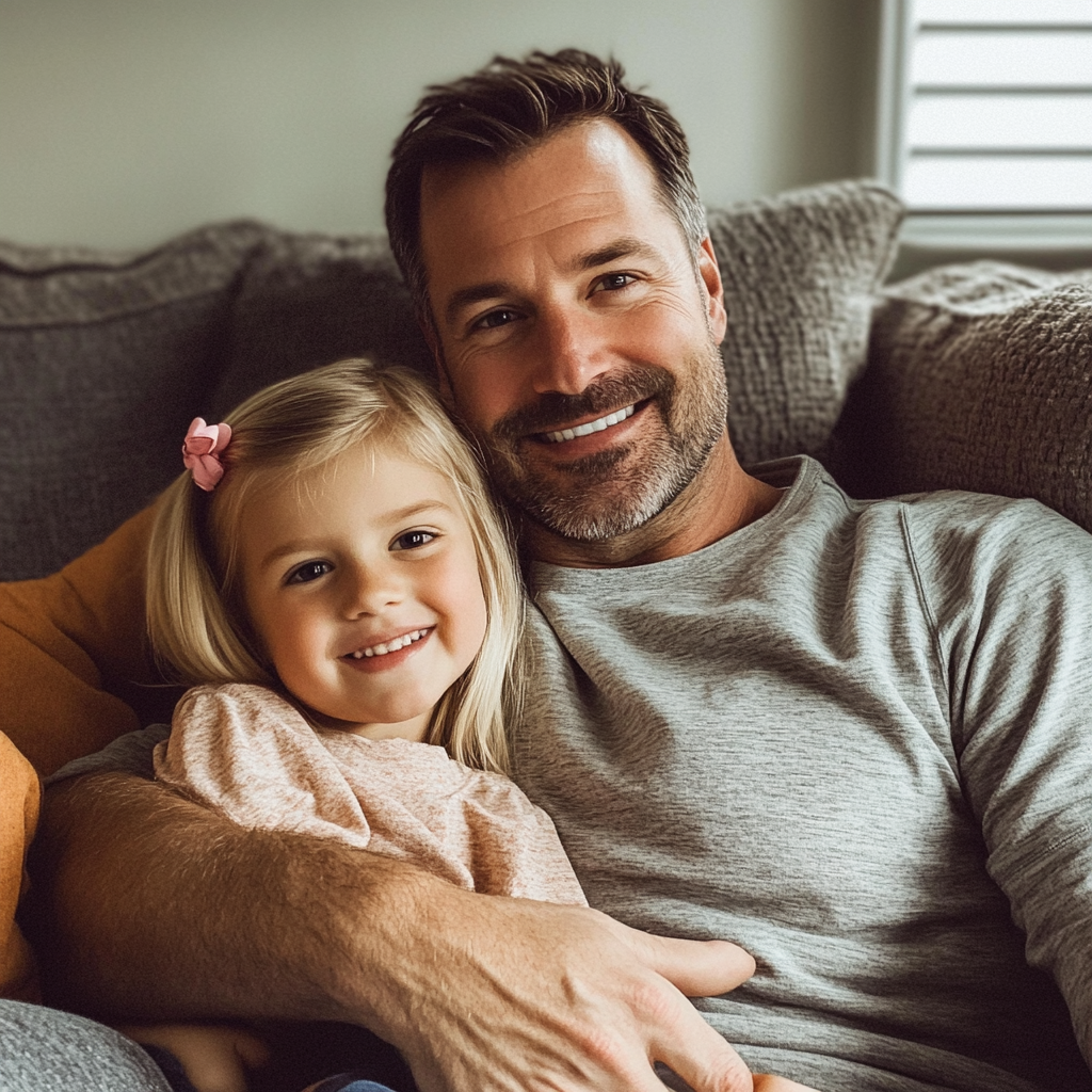 Un duo père-fille assis sur un canapé | Source : Midjourney