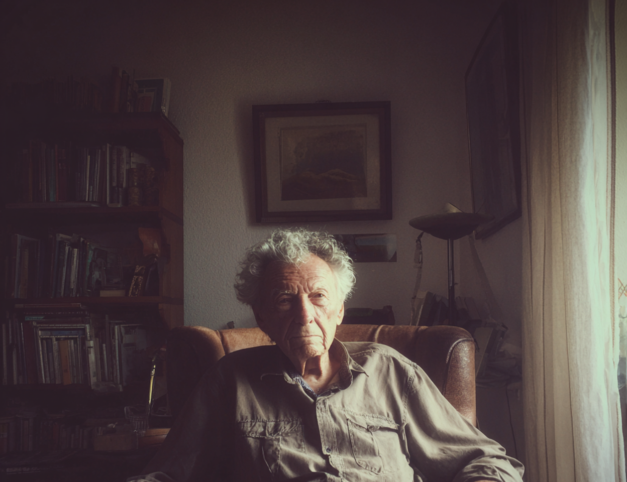 Un vieil homme assis dans un salon | Source : Midjourney
