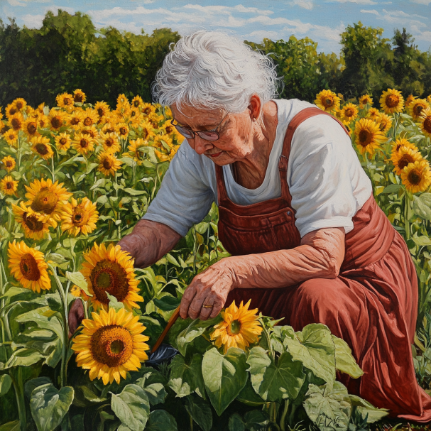 Une grand-mère travaillant dans son jardin de tournesols | Source : Midjourney