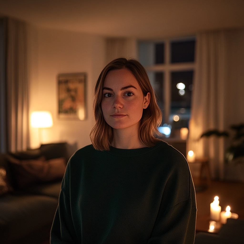 Une femme portant un pull vert et se tenant dans un salon | Source : Midjourney