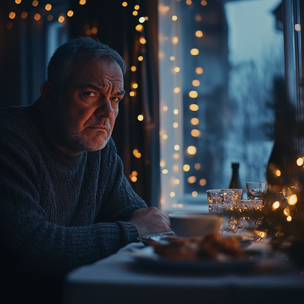 Angry middle-aged man at the table | Source: Midjourney