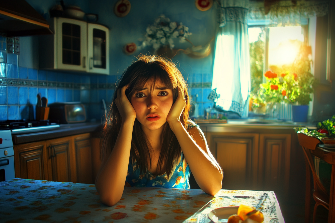 Une femme émotive assise à une table de cuisine | Source : Midjourney