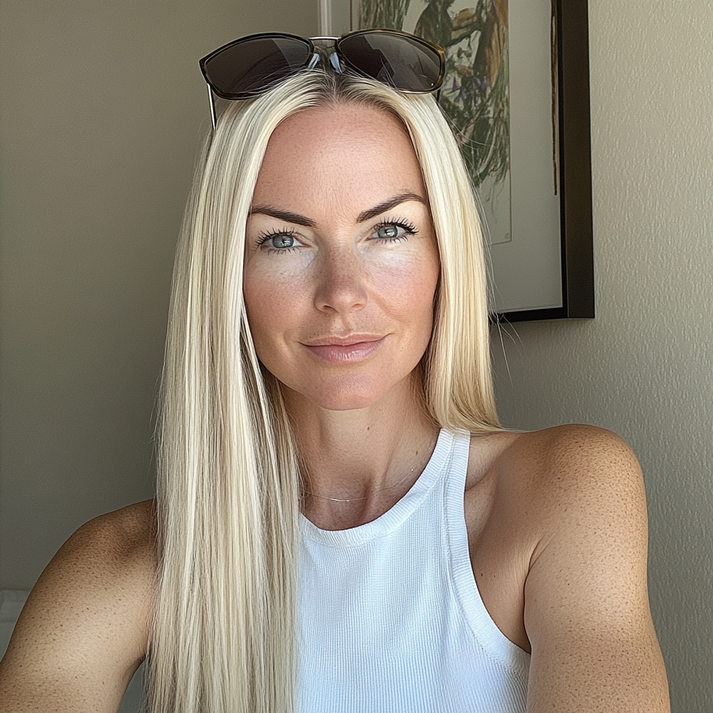 Une femme blonde avec des lunettes de soleil sur la tête | Source : Midjourney