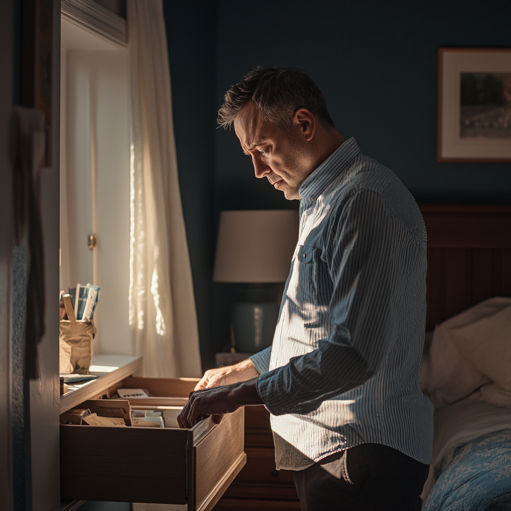 Un homme qui regarde dans le tiroir de sa chambre à coucher | Source : Midjourney