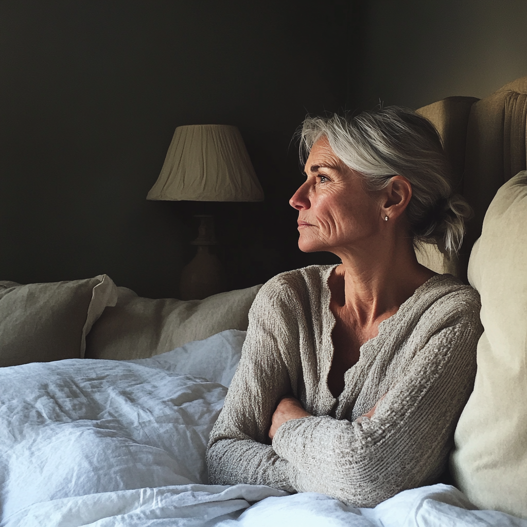 Une femme âgée bouleversée assise dans son lit | Source : Midjourney