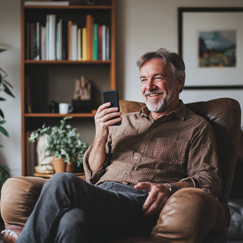 Un homme heureux tenant son téléphone | Source : Midjourney