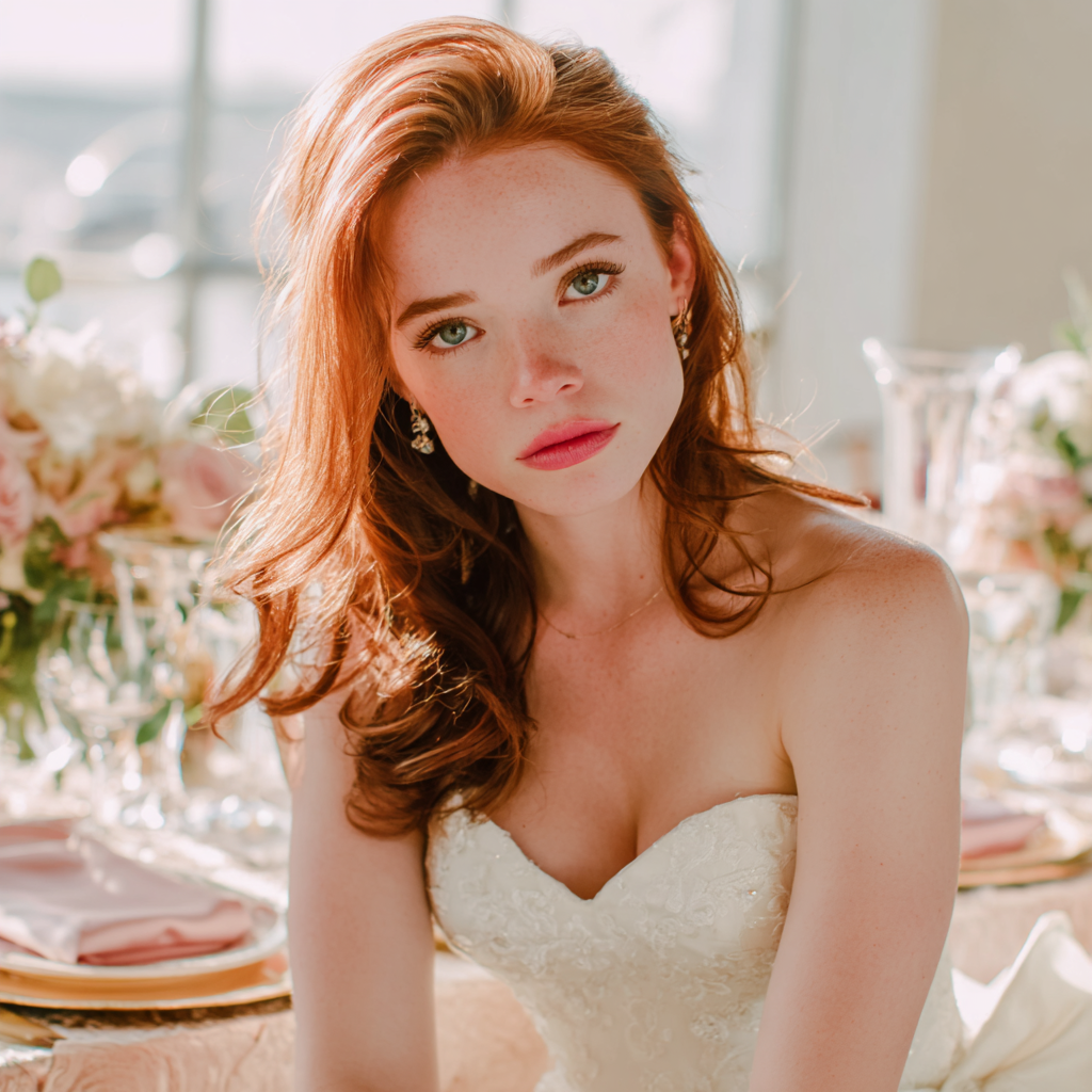 Une mariée peu impressionnée assise à une table | Source : Midjourney