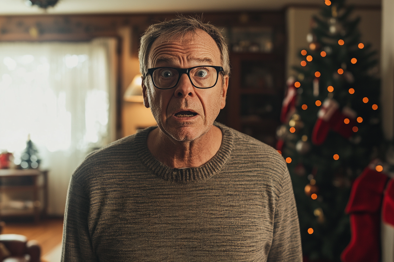 Un homme choqué debout dans un salon décoré pour Noël | Source : Midjourney