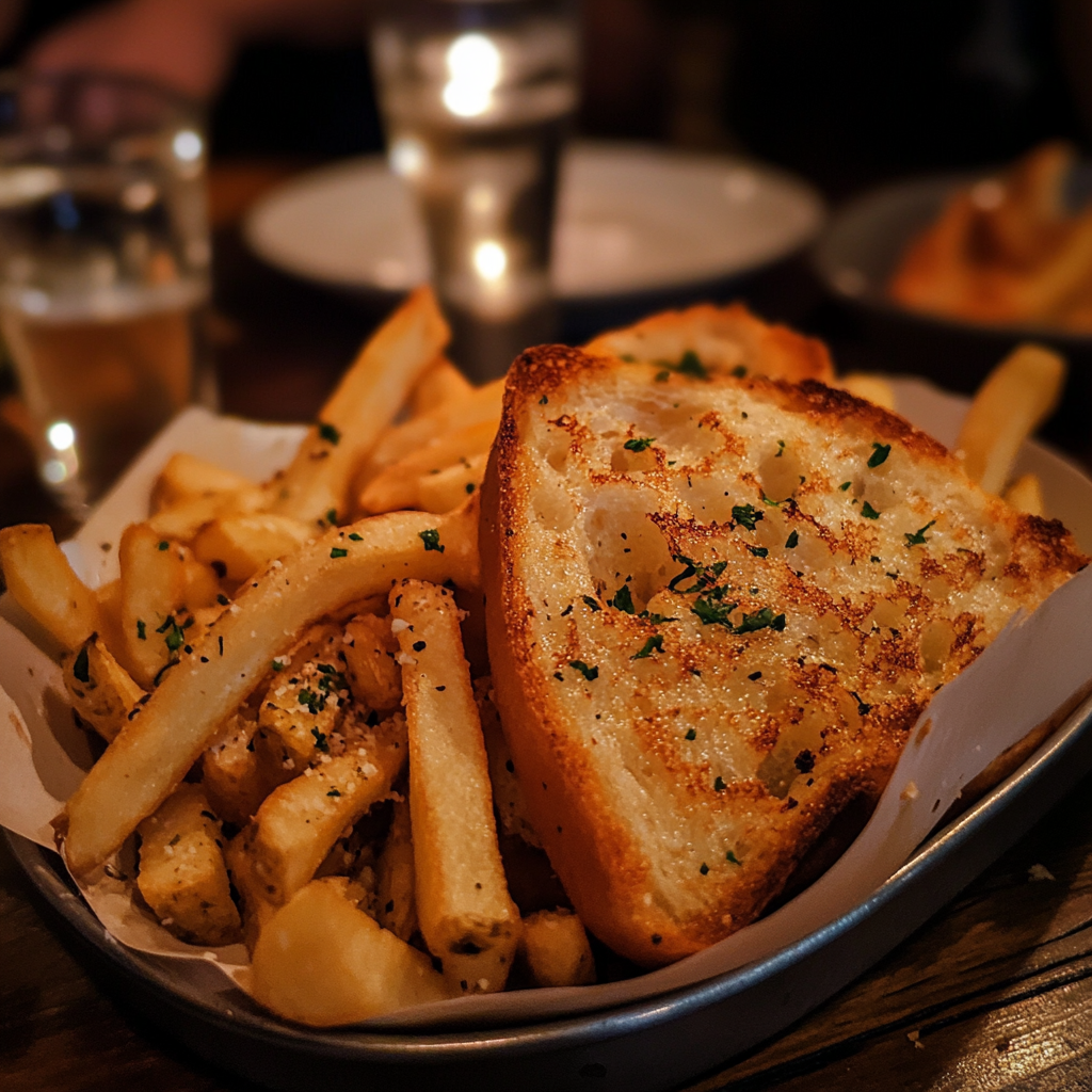 Pommes Frites und Knoblauchbrot auf einem Restauranttisch | Quelle: Midjourney