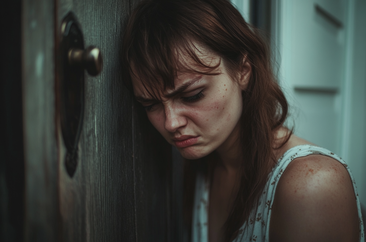 Une femme émotive adossée à une porte | Source : Midjourney