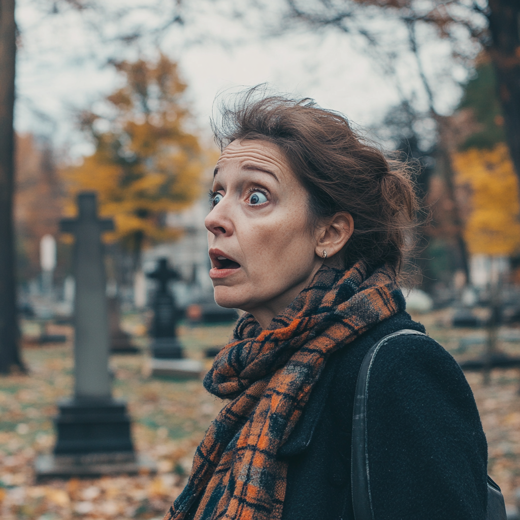 Une femme choquée dans un cimetière ⏐ Source : Midjourney