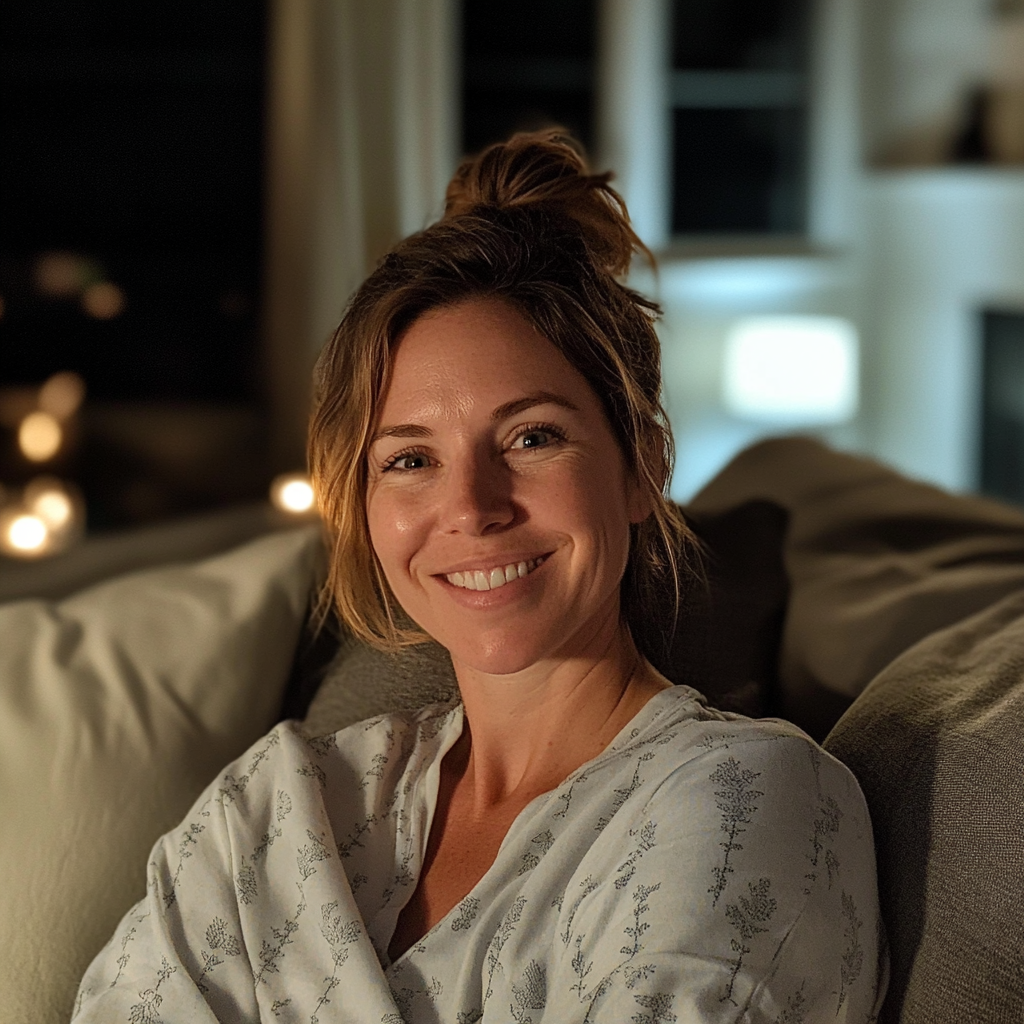 Une femme souriante assise sur un canapé | Source : Midjourney