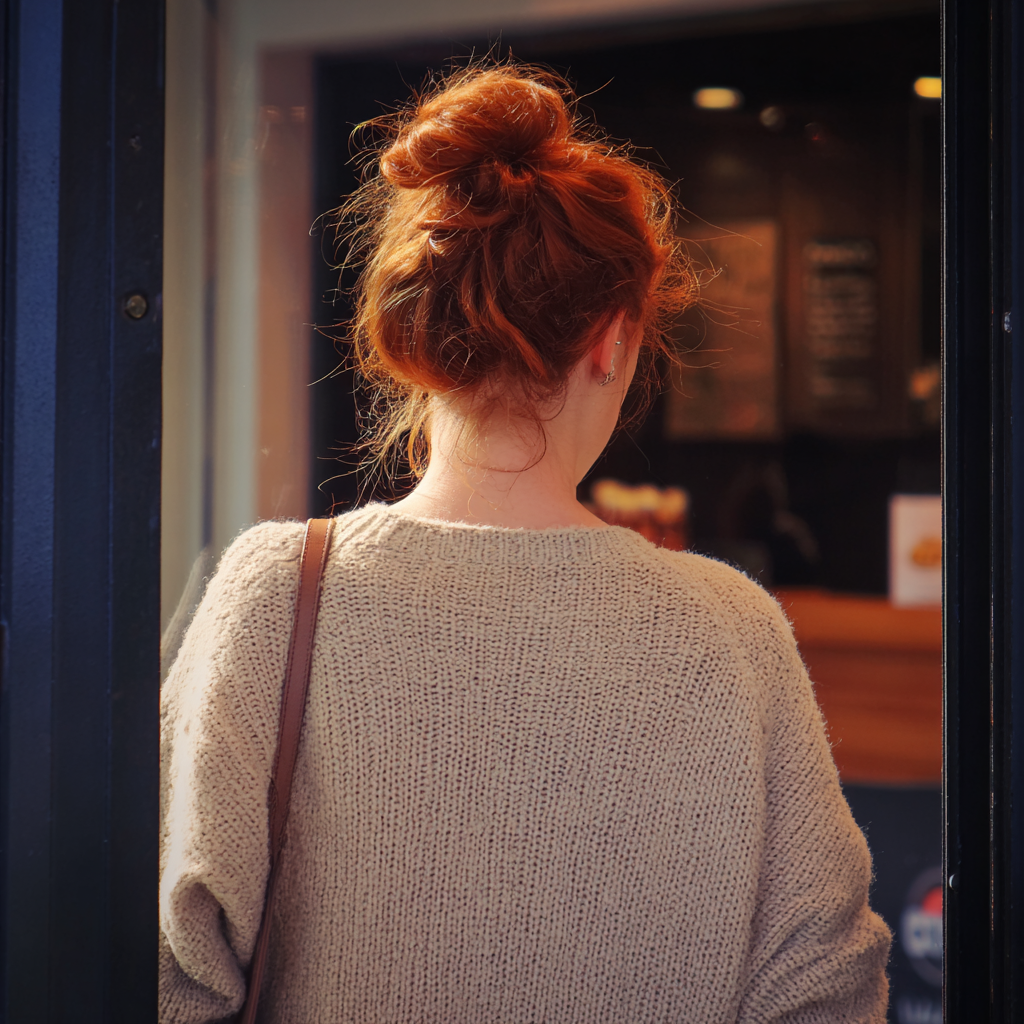 Une femme sortant d'un café | Source : Midjourney