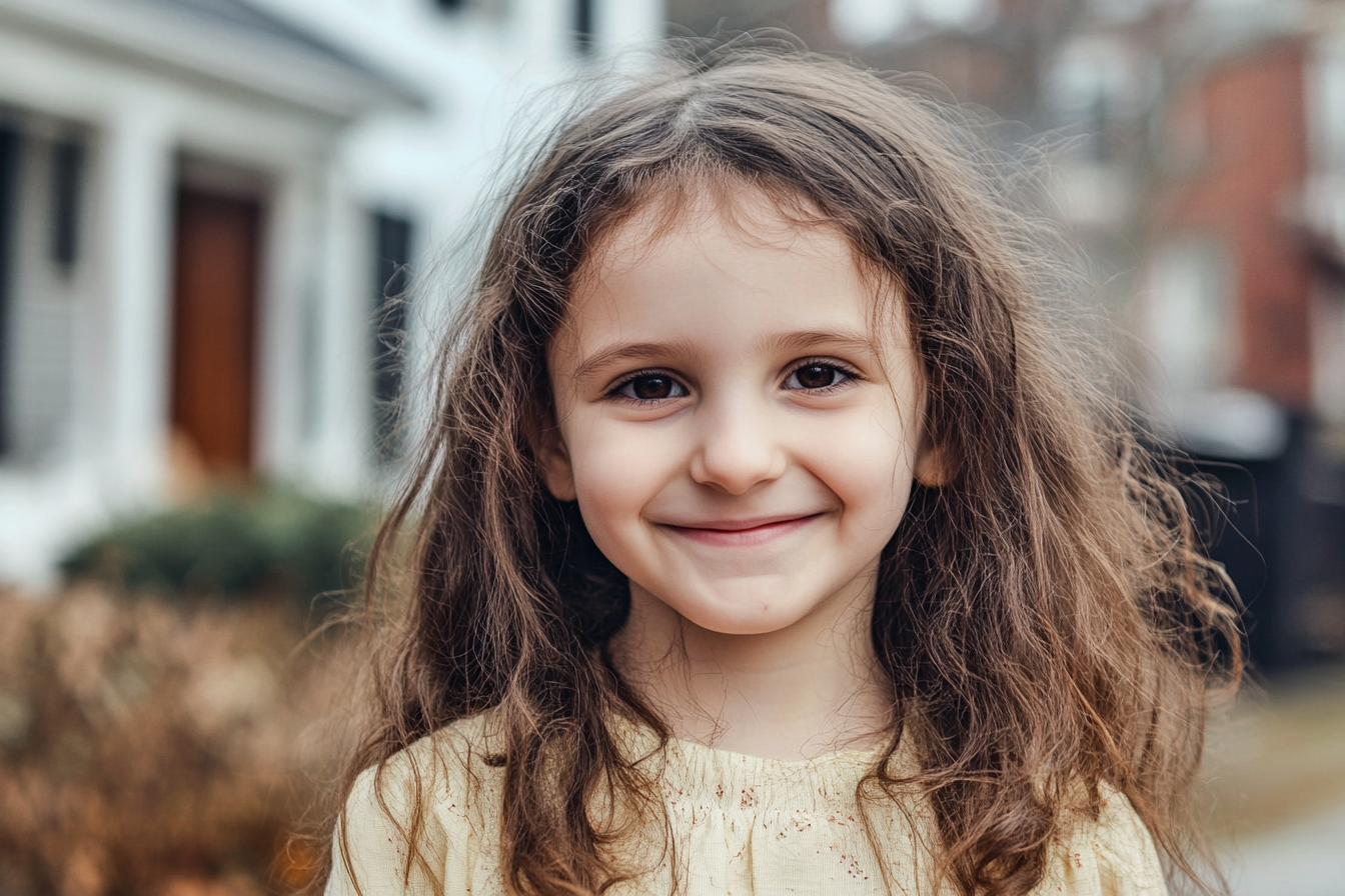 Une fille debout dans son quartier, souriante | Source : Midjourney