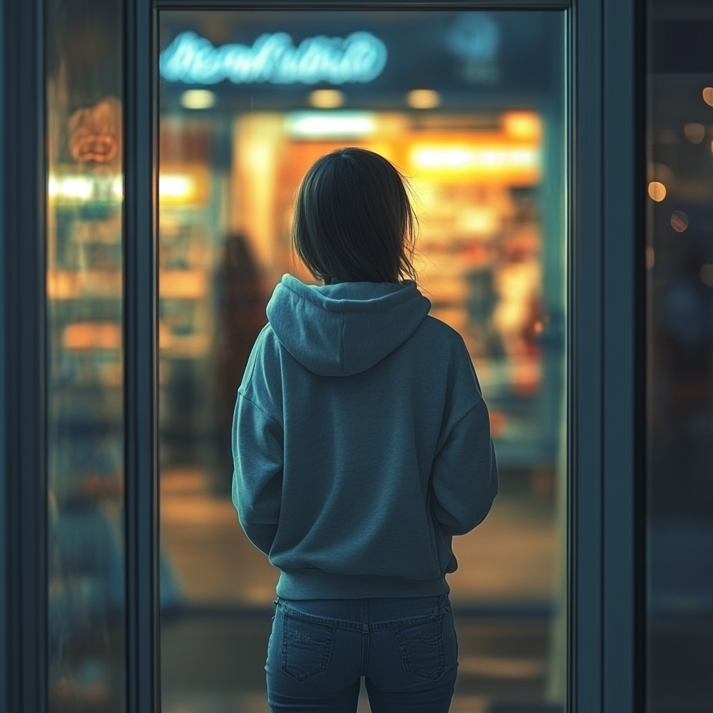 Une jeune femme debout devant un magasin | Source : Midjourney