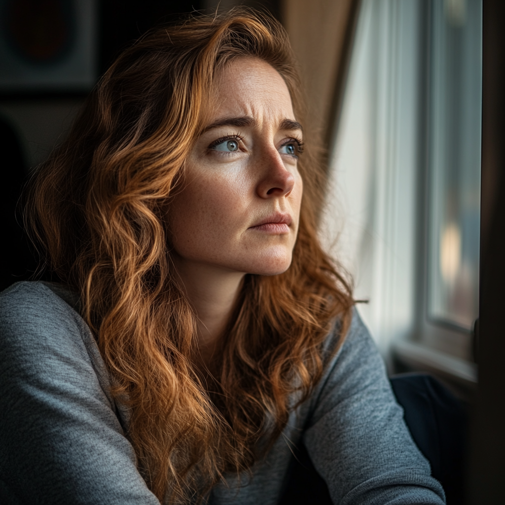 A pensive woman looking out of her bedroom window | Source: Midjourney