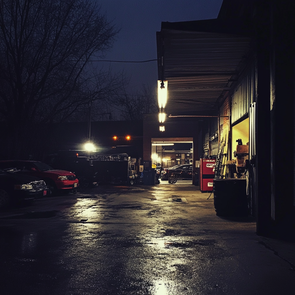 Un atelier de réparation automobile la nuit | Source : Midjourney