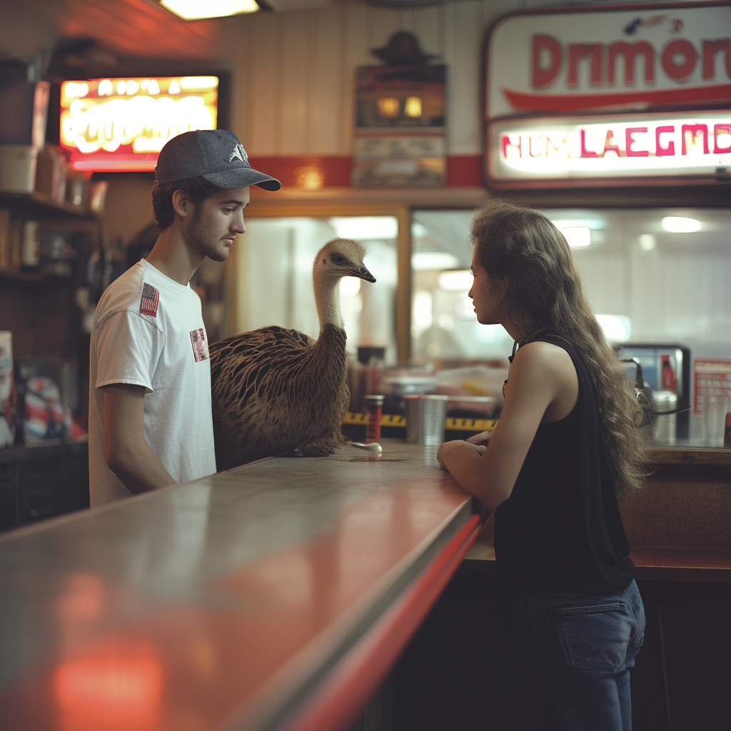 Un homme et son émeu dans un restaurant | Source : Midjourney