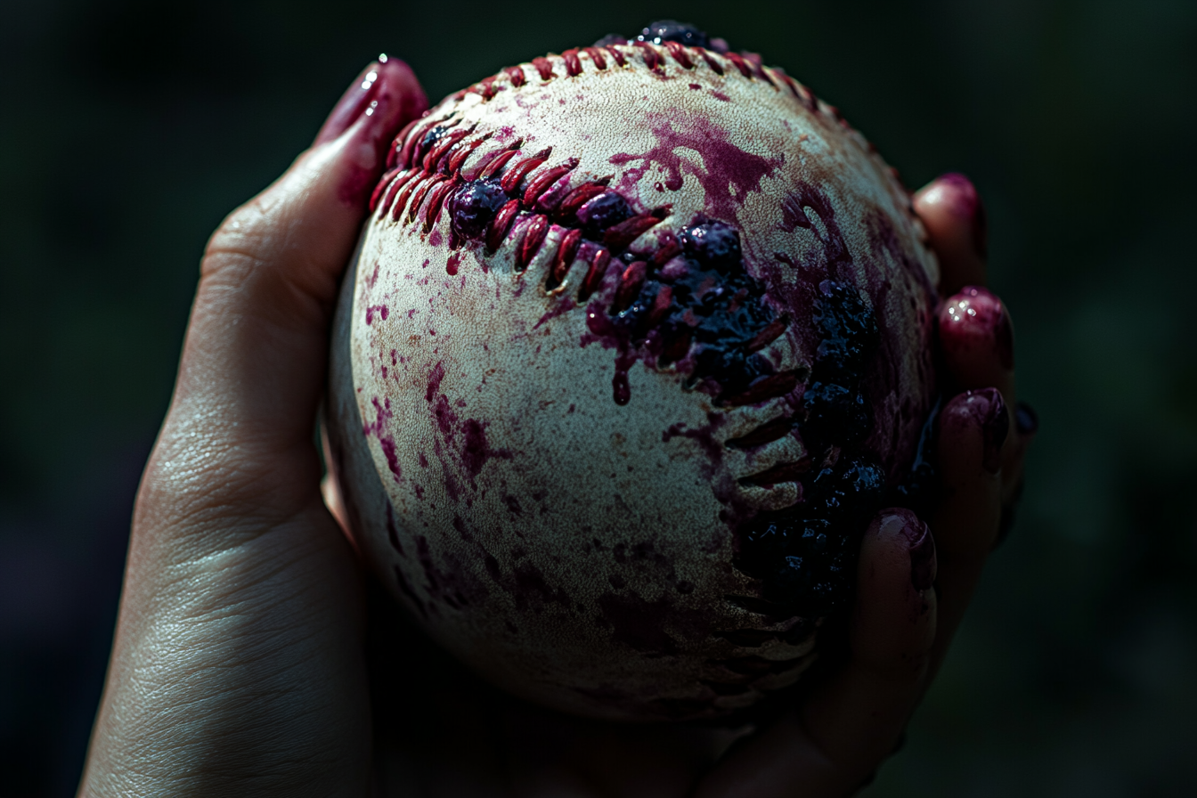 Une femme tenant une balle de baseball tachée de tarte aux myrtilles | Source : Midjourney