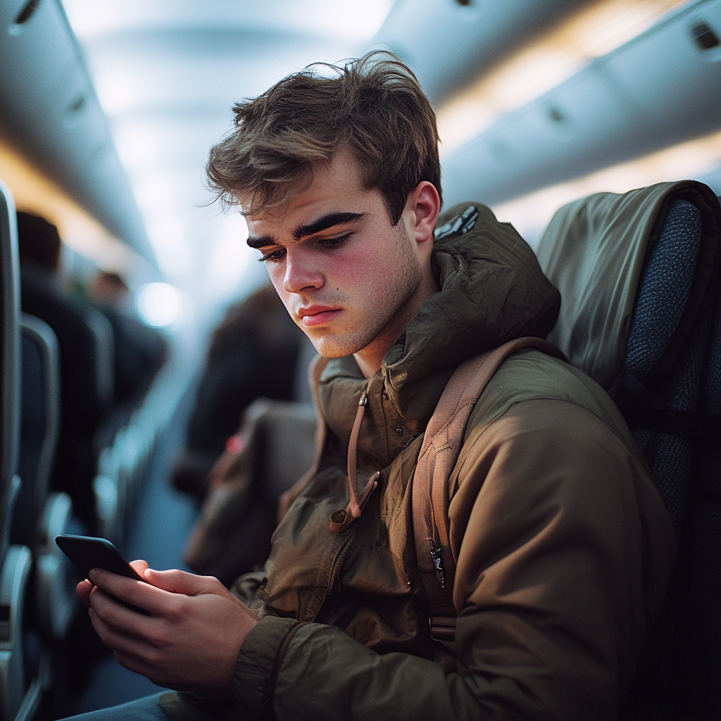 A man looking at his phone on a plane | Source: Midjourney