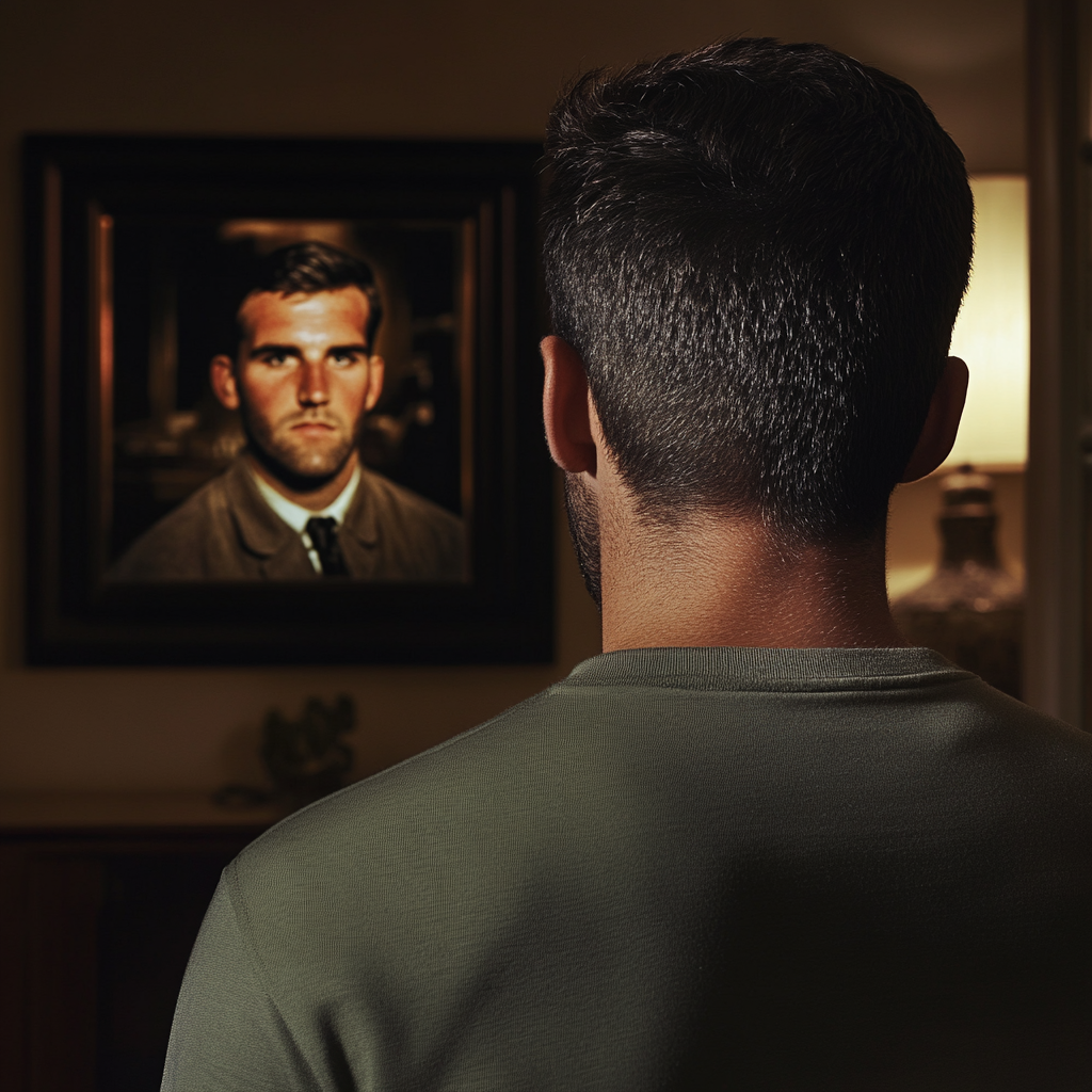 A man looks at a framed photo on the wall | Source: Midjourney