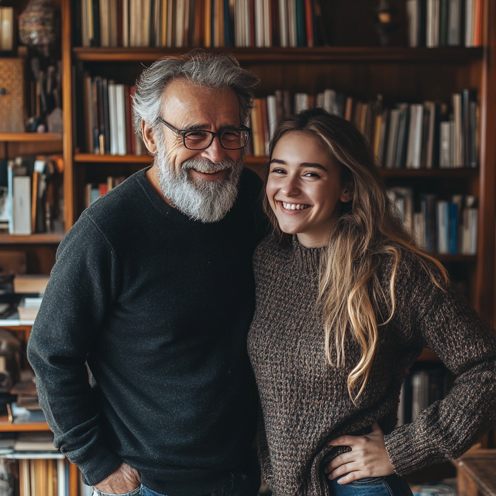 Un homme heureux avec sa fille dans une bibliothèque | Source : Midjourney