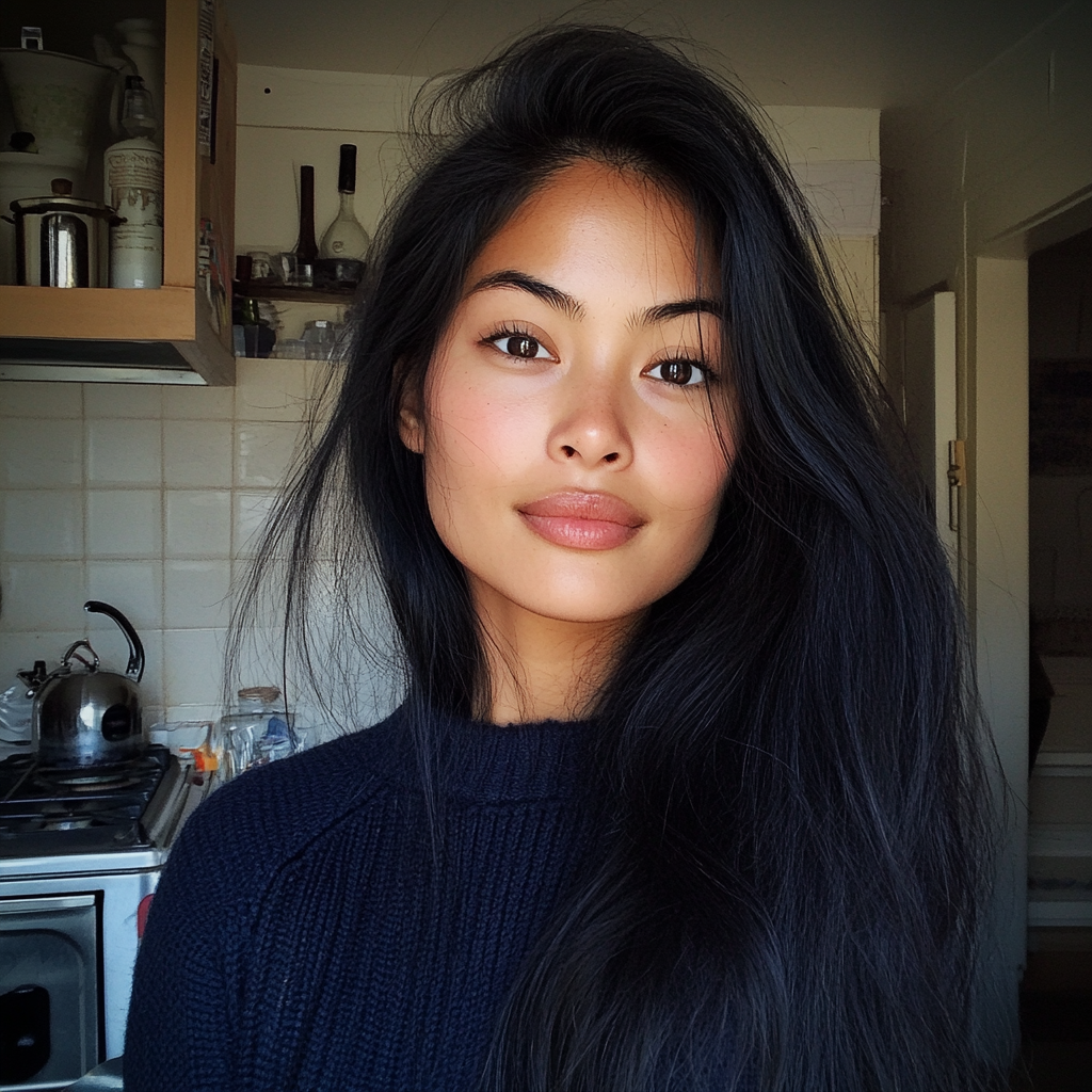 Une femme debout dans une cuisine portant un pull-over bleu marine | Source : Midjourney