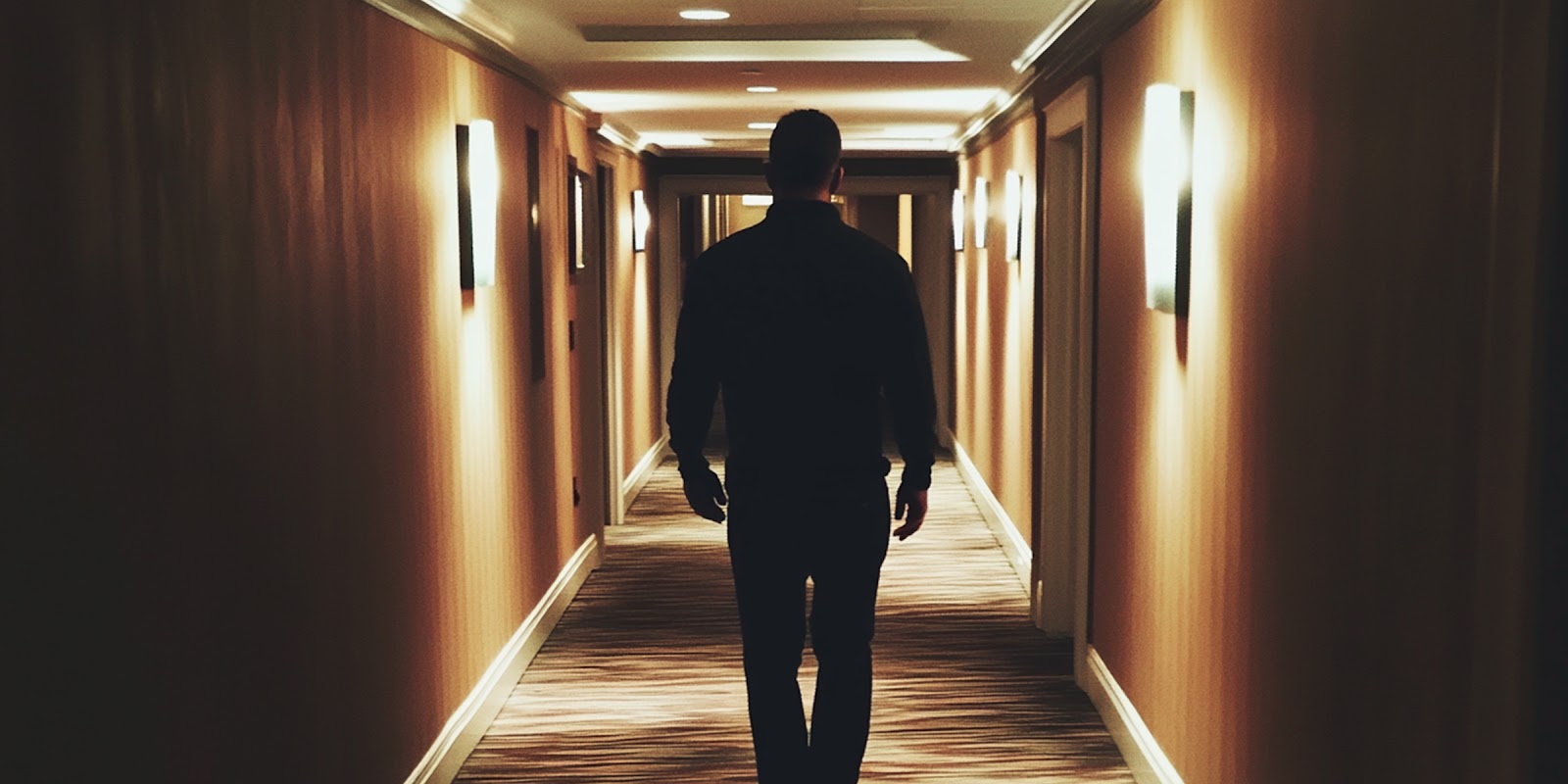 Un homme marchant dans le couloir d'un hôtel | Source : Midjourney