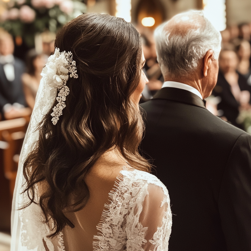 Une mariée et son père marchant dans une allée | Source : Midjourney